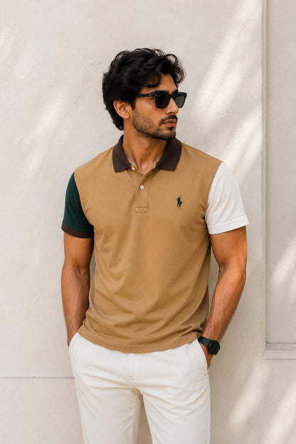 Men's Color Block Premium Polo T-Shirt – Brown, White & Green