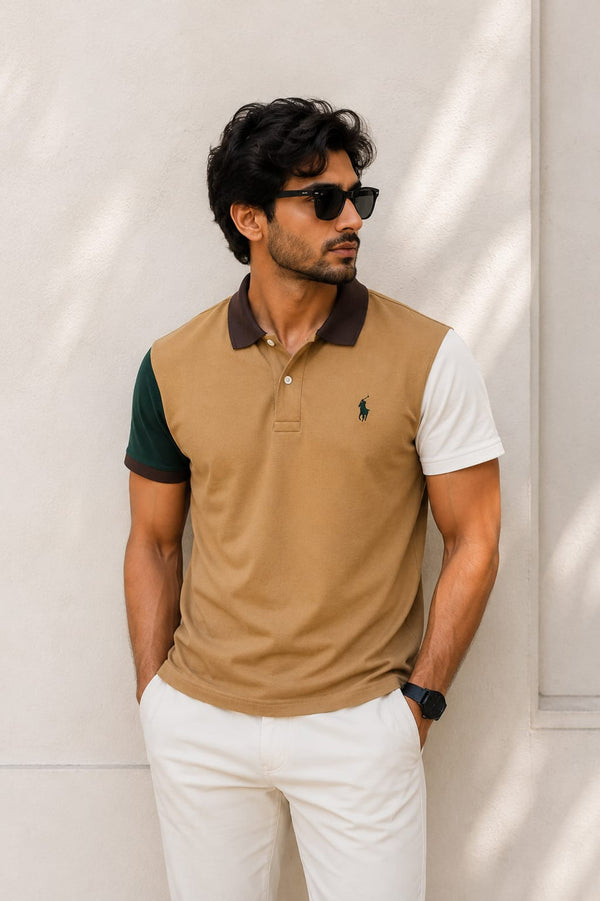 Men's Color Block Premium Polo T-Shirt – Brown, White & Green