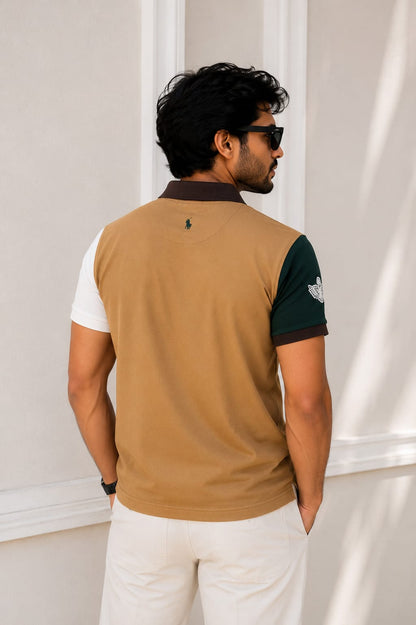 Men's Color Block Premium Polo T-Shirt – Brown, White & Green